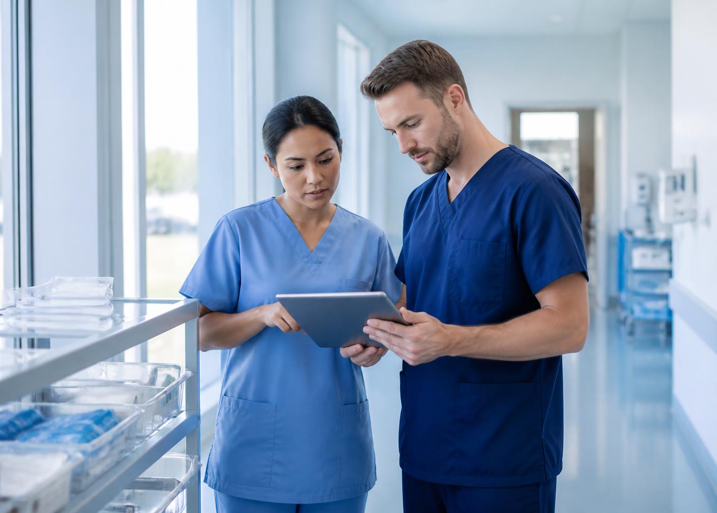 Professionnels de santé consultant un inventaire de consommables