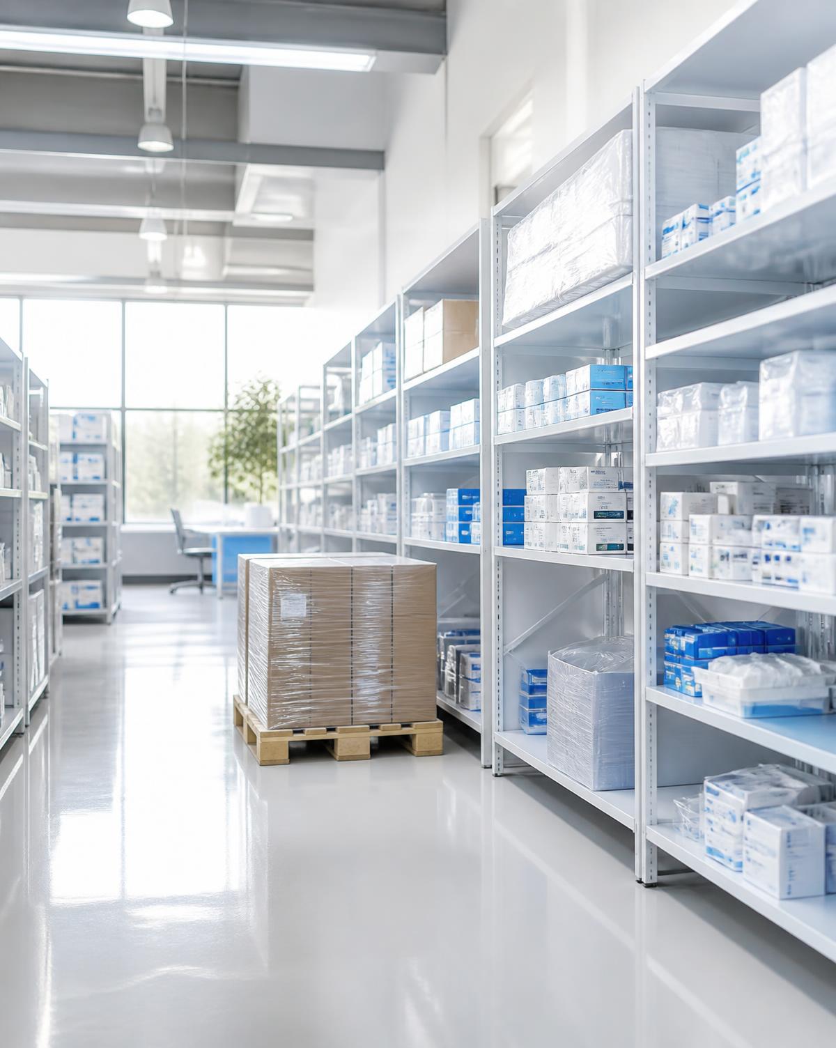 Entrepôt Oppoligne Medica : rayonnages de consommables médicaux organisés